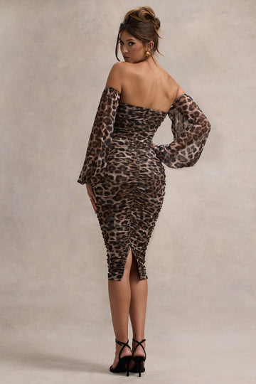 Rica Leopard Print Bardot Puff-Sleeve Midi Dress